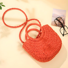 Women Boho Woven Summer Beach Tote Straw Crossbody Handbag Round Rattan Shoulder