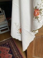 Large vintage tablecloth with embroidered roses