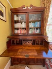 Edwardian, mahogany, secretaire, bookcase, glazed, desk, shelves, cupboard