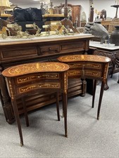 Pair of French Louis XVI Kidney Shaped Bedside Tables with Drawers & Inlay