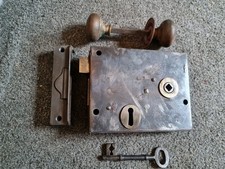 Old Antique door rim lock, Key, Brass Handles Backplate & Keeper 15.5cm x 12.2cm