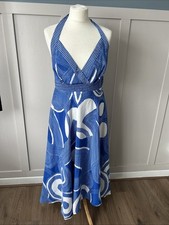 Monsoon Women’s Maxi Dress Size 12 Blue & White Print Ruched Halter Neck Silky