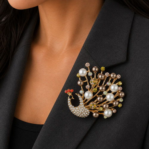 Crystal peacock brooch - crystal,