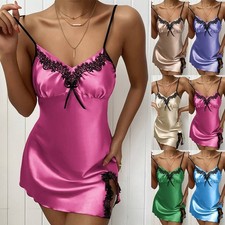 Women Sexy Satin Silk Nightdress Lace Lingerie Sleepwear Robe Nightwear Nightie