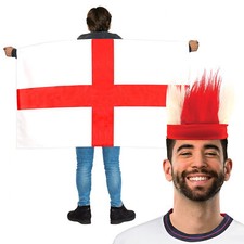 ENGLAND FOOTBALL SUPPORTER SET HEADBAND + FLAG CAPE ST GEORGE FLAG COSTUME LOT