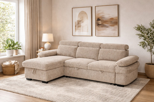 Beige corner sofa bed with - corner,