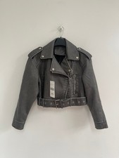 Grey Crop Biker Jacket Faux