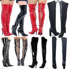 NEW UNISEX THIGH HIGH OVER KNEE BOOTS BACK FRONT LACE STILETTO HEEL SIZE 3 TO 12