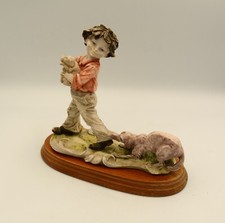 CAPODIMONTE Boy, Dog & Puppies Figure Group Sculpture + Wooden Plinth 9" High
