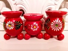 3x Vintage Red wooden candle holder Swedish folk art wood ball Tripod Christmas