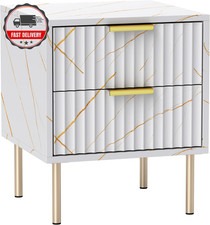Bedside Table with Marble Pattern and 2 Drawer Fluted Detail on Legs GOLD WHITE