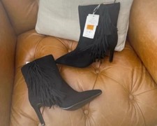 Marks & Spencer Black Suede Leather Healed Cowboy Fringed Boots Size 3  Rrp £79