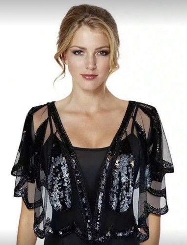Black sequinned shawl cape - black,