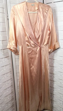 Vintage Satin Robe Sz M-L Marilyn Peignoir Peach Full Length Boudoir Sexy Gown