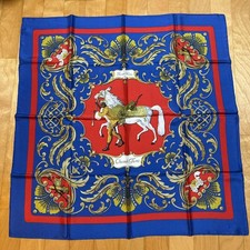 HERMES Carre 90 Cheval Turc Silk Scarf Blue X Red x Gold Women
