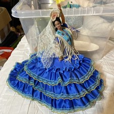 Vintage Spanish Marin Chiclana Flamenco Dancer Doll 10” Blue dress lace on stand