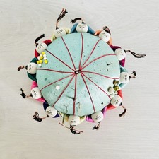 Vintage Chinese Silk Pin Cushion 12 Asian Children People Holding Hands  Blue 5”