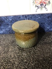 Stoneware Hand Crafted Butter Bell Keeper Crock green Brown Glaze 4.25”X 4.25”