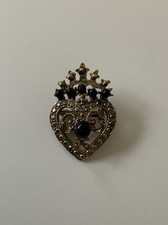 Vintage Gold Tone Crown and Heart Luckenbooth Brooch Black Beads