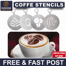 4x Barista Cappuccino Stainless Steel Stencil Templates for Coffee Latte Duster