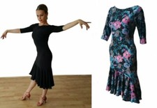 STRETCHY SIMPLE BALLROOM / LATIN DANCE PRACTICE DRESS 3/4 SLEEVES BLACK / FLORAL