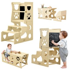 3 In1 Wooden Kids Step Stool Toddler Learning Tower Kitchen Helper W/ Black Bord