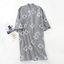 Men Kimono Yukata Pajamas Cotton Soft Bathrobe Robe Gown Nightwear Grey Navy