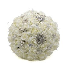 Artificial Wedding Flowers Brides Posy Bouquet in Ivory Roses with Brooches 