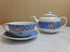 Typhoon Tea Pot With Cup And Saucer Blue And White Polka Dot With Pink Roses 