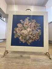 Flower Design Wooden Fire Screen Tapestry Fire Guard/Screen Brass Feet