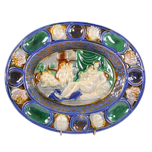 Majolica pottery dish embossed - pottery,