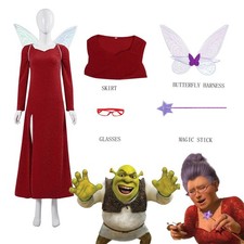 Shrek Fairy Godmother Costume Cosplay Dress✨Wings Womens Red Dress Outfits Party