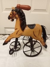Vintage Wooden Horse Tricycle Toy Folk Art Metal Wheels Decor Reproduction 