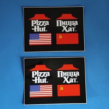2 x Pizza Hut Bilingual Advertising Stickers Decals English Russian USSR Flag