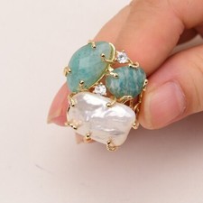 Natural Green Amazonite White Keshi Biwa Pearl Electroplated Crystal Rings