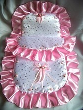 DOLLS PRAM SET SEQUIN PINK TRIM OR OTHER COLOUR SILVER CROSS RANGER PIONEER 