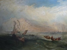 Antique Large Impressionist Oil Painting After Turner. Line Fishing Off Hastings