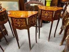 Pair of French Louis XVI Demi Lune Bedside Tables with 3 Drawers & Inlay