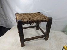 Vintage Retro Rope Rattan Hemp Small Wooden Foot Stool Woven Top 38 x 34 x 34cm