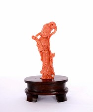 Chinese Red Coral Carved Carving Lady Figure Figurine on Wood Stand