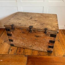 Vintage Large Wooden Storage Chest Trunk Blanket Box Metal Handles Antique Style
