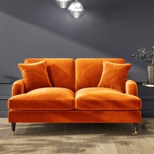 Orange Velvet Sofa 2 Seater with Saddle Arms Wood Legs Foam Filled Traditional