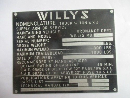 Identification plate willys - identification,