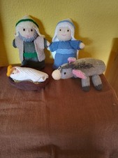 Handmade Nativity Knitted Scene with Mary, Joseph, Baby Jesus and donkey.