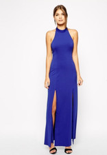 Jarlo Blue Halter Neck Maxi Dress Front Slit Size UK8 EUR36 US4 RRP £85