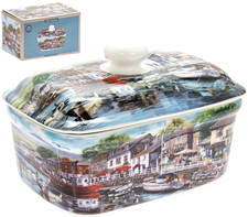 Coastal Theme Butter Dish With Lid Heavy China Tableware Harbour Scene Boxed