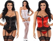 Black Red Satin Lace Corset Basque Suspenders & Thong Hook & Eye PLUS SIZE