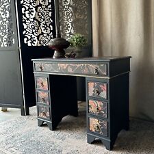 Vintage Desk Painted Black & Decoupaged Oriental Theme Twin Pedestal Desk