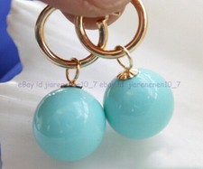 Exquisite 16mm Blue Turquoise Round South Sea Shell Pearl Gold Hook Earrings
