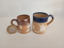 2 x Antique Royal Doulton Lambeth Stoneware Small / Miniature Tankards / Mugs